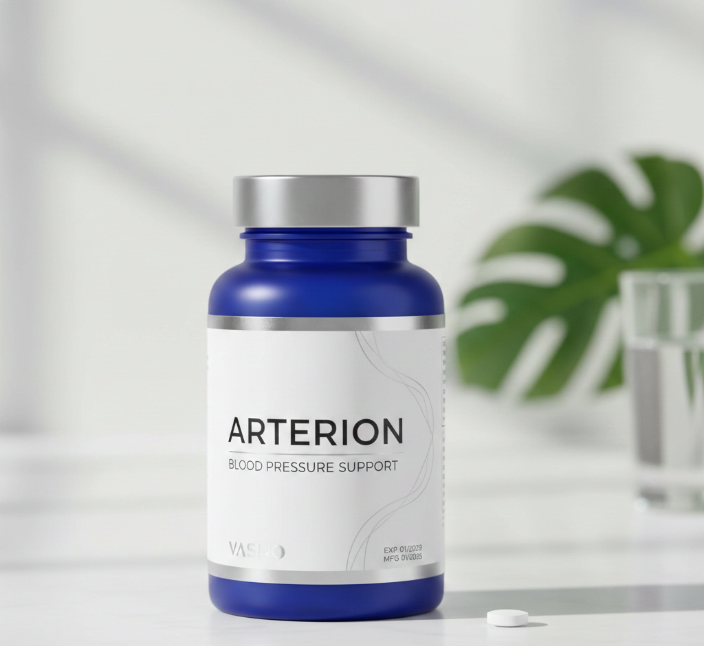 Arterion - moderní lahvička s přírodním doplňkem stravy pro zdravý krevní tlak, elegantní zeleno-burgundské etikety s bylinkovými motivy, realistické studio osvětlení, profesionální produktová fotografie